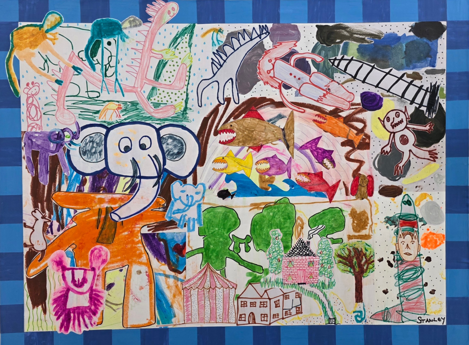 Colourful children's collage on blue checkered background