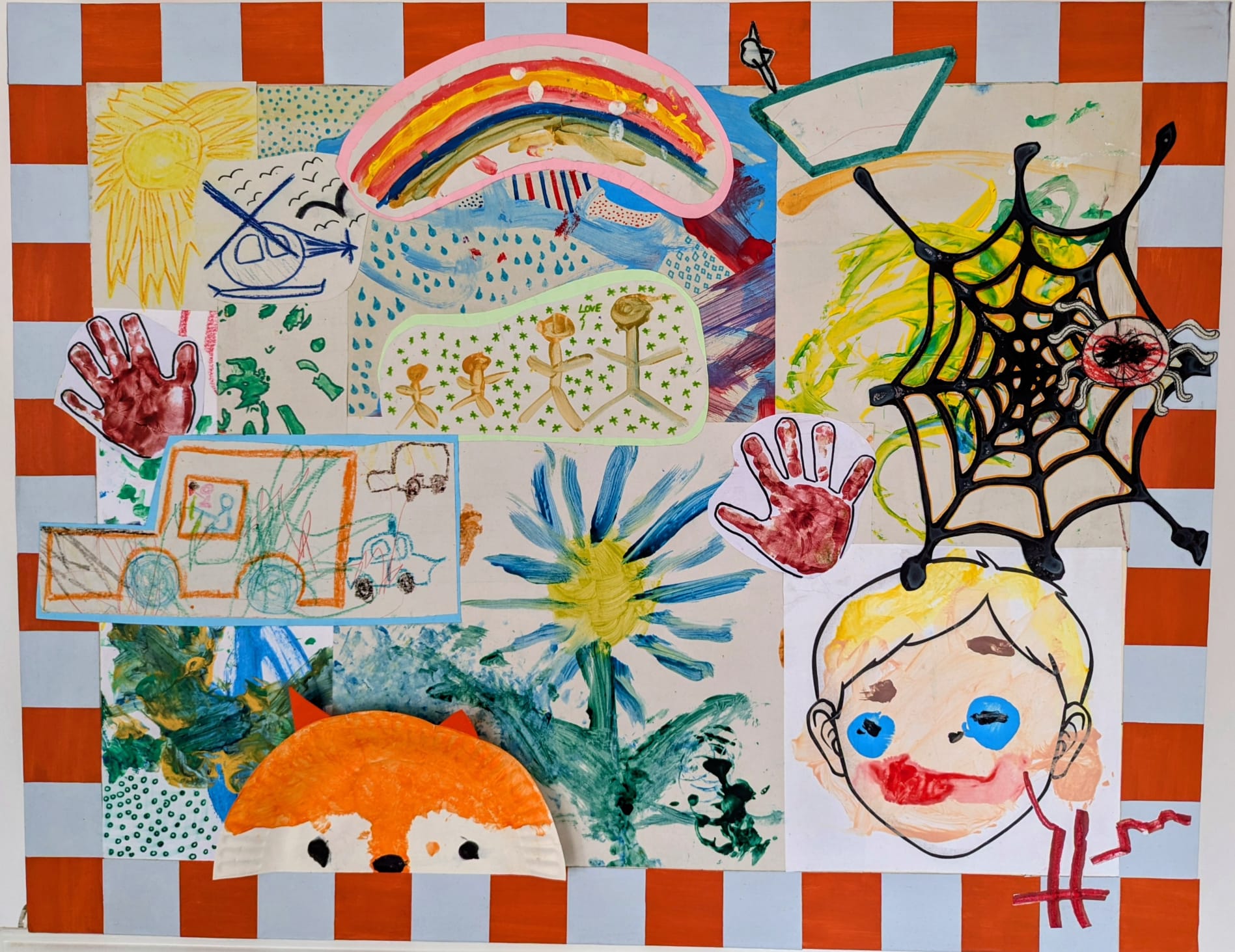 Children's collage with orange checkered border
